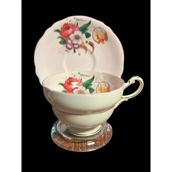 Paragon Pale Pink Floral Teacup & Saucer Double Warrant Bone China England The Q